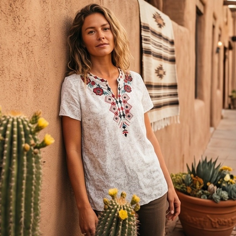 Boho Embroidered Floral V-Neck Short Sleeve Rayon Top White‎ Cream Southwestern